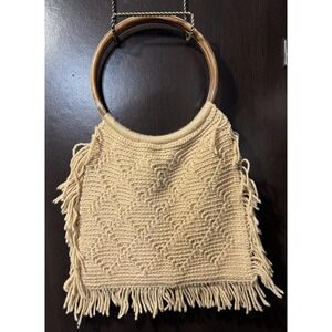 Handmade Knitted Purse Womens Beige  Ring Handle Fringe Boho Hippie Vintage